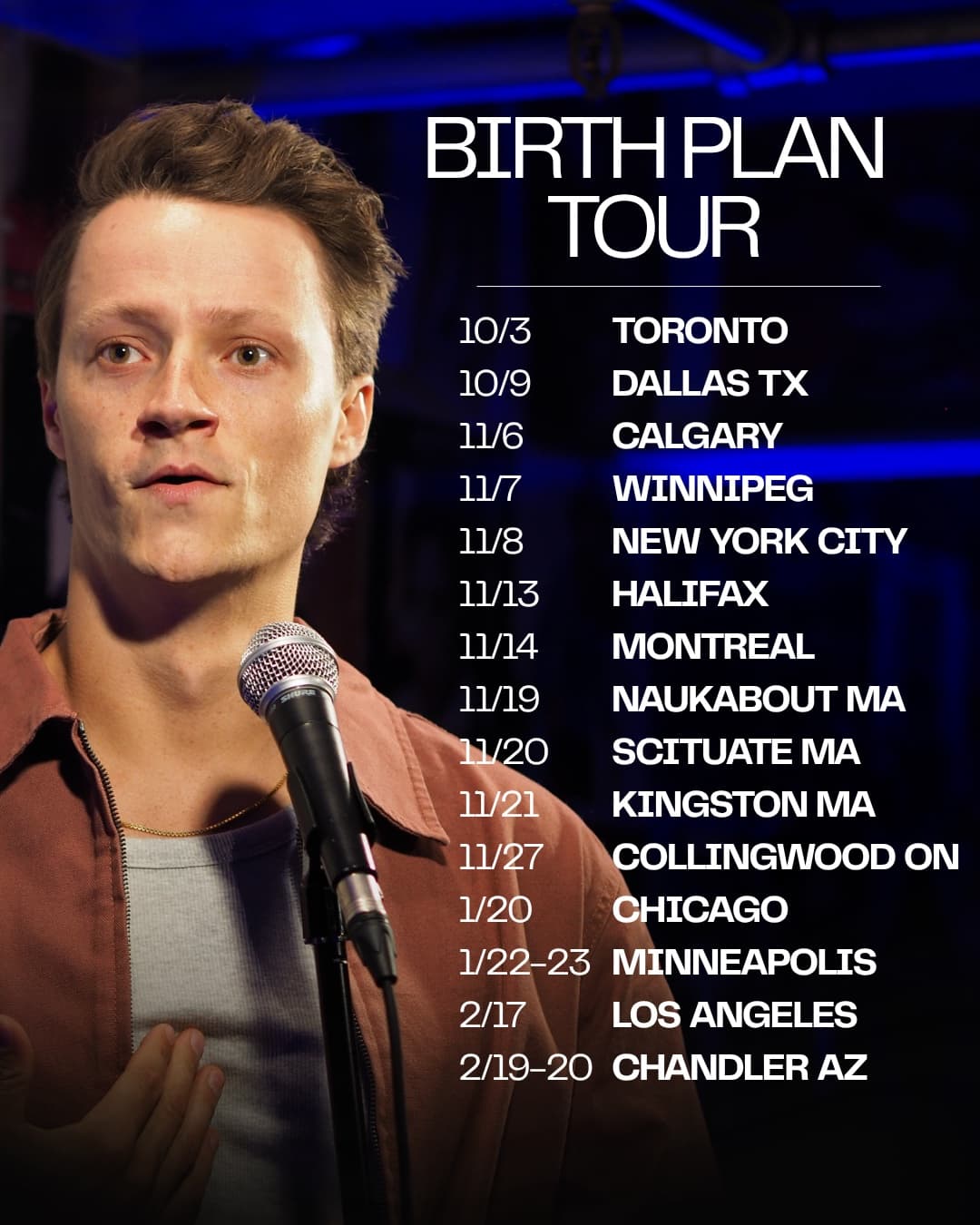 Andrew Packer Birth Plan Tour poster, listing the tour dates and cities including January 20 in Chicago and January 22 to 23 in Minneapolis